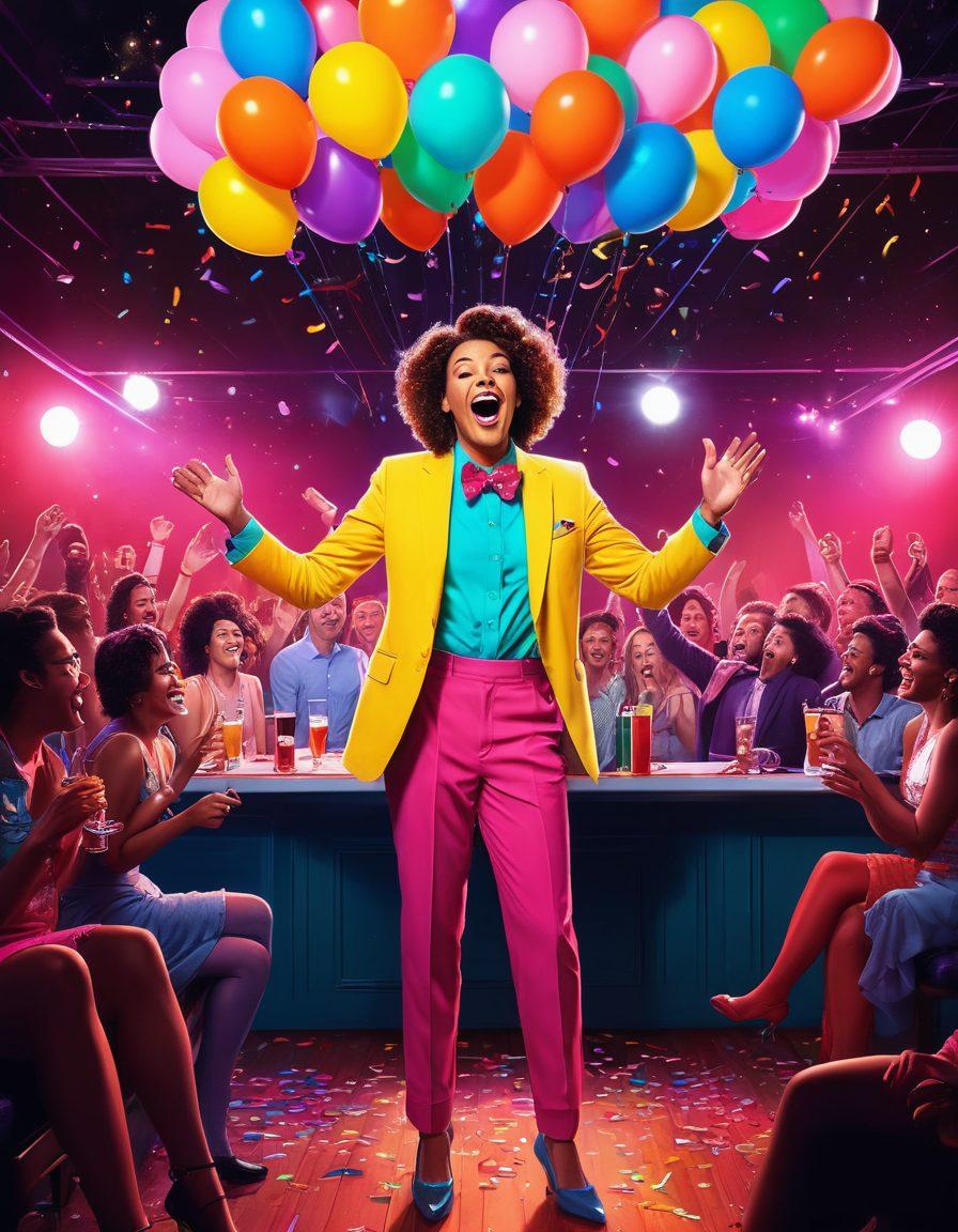 A whimsical scene featuring a vibrant comedy club filled with adults laughing joyfully, with playful, exaggerated expressions. Bright neon lights illuminate the stage where a stand-up comedian performs in a zany outfit, while diverse audience members hold drinks and claps their hands. Balloons and confetti add a festive touch. Emphasize humor and joy in a lively nightlife setting. colorful vector art. bold colors. dynamic composition.