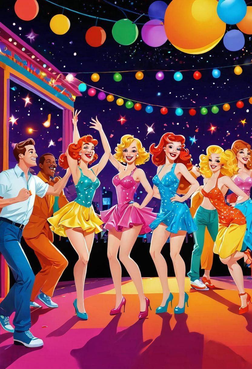 A lighthearted, whimsical composition featuring cartoon-style characters engaging in playful activities, such as dancing and laughing, with elements of adult entertainment like playful pin-up art and colorful disco lights. Include a background of a vibrant party scene that captures a fun and carefree atmosphere, with soft, inviting colors. The characters should have exaggerated, cartoonish features that evoke joy and humor. cartoon style, vibrant colors, playful theme.