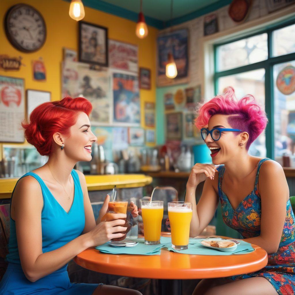 A whimsical scene depicting a lively cafe where adults are engaging in humorous conversations, with exaggerated facial expressions and laughter. Include quirky decor elements like vintage posters and a lively mix of characters, such as a man dressed as a superhero and a woman with colorful hair, enjoying their drinks. Bright, cheerful colors should dominate the scene, capturing the essence of lightheartedness and fun in everyday life. cartoon style. vibrant colors. playful atmosphere.